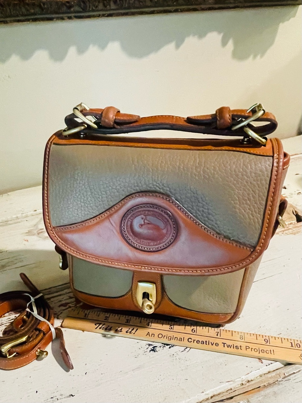 Dooney & Bourke  AWL CarrierTan and Taupe Leather Crossbody Satchel - Picture 4 of 16
